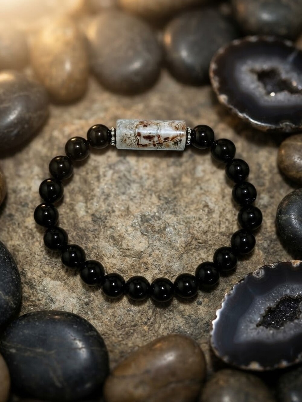 Onyx Bracelet With Mexican Agate Accent